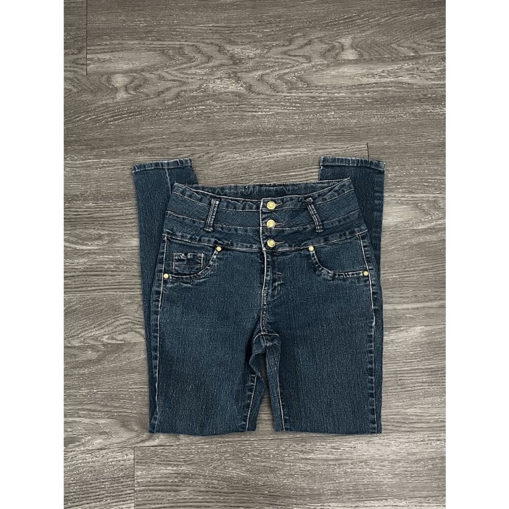 Diamante Juniors Blue Button Fly Skinny Jeans Size 9 Mid Rise Dark Wash Denim